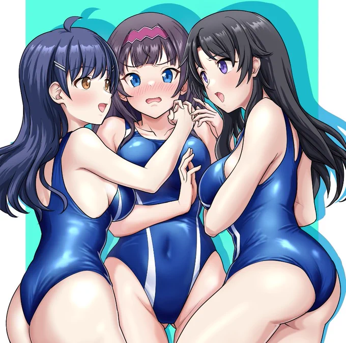 Skeb納品しました! ゲーム「ぎゃる☆がん」の田中力子、牛頭百合菜の2人が競泳水着を着て神園しのぶに絡むイラストを描かせていただきました! リクエストありがとうございました! #ぎゃるがん #神園しのぶ #牛頭百合菜 #田中力子