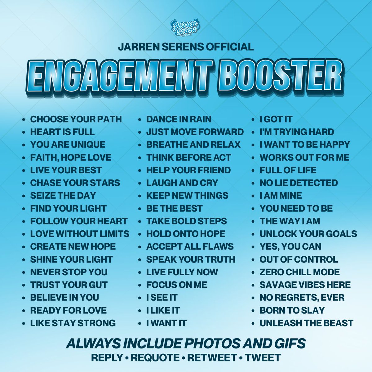 JarrenG_BackOff's tweet photo. FIVE HUNDRED REPLIES CHALLENGE 

Always remember the TP rules and include our tagline with pictures or gifs. Thank you so much Solids and shippers!

• No numbers   
• No emojis
• No all caps  
• At least three words per tweet  
• Engage with big accounts

JARREN ASAPBday CELEB