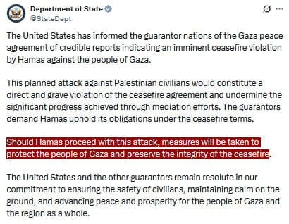 *🇺🇸🇮🇱-JUST IN:* U.S. State Department warns of "credible reports" Hamas is planning an attack on Palestinian civilians and if Hamas proceeds "measures will be taken to protect the people of Gaza."

MURDEROUS HAMAS NEVER QUIT KILLING
