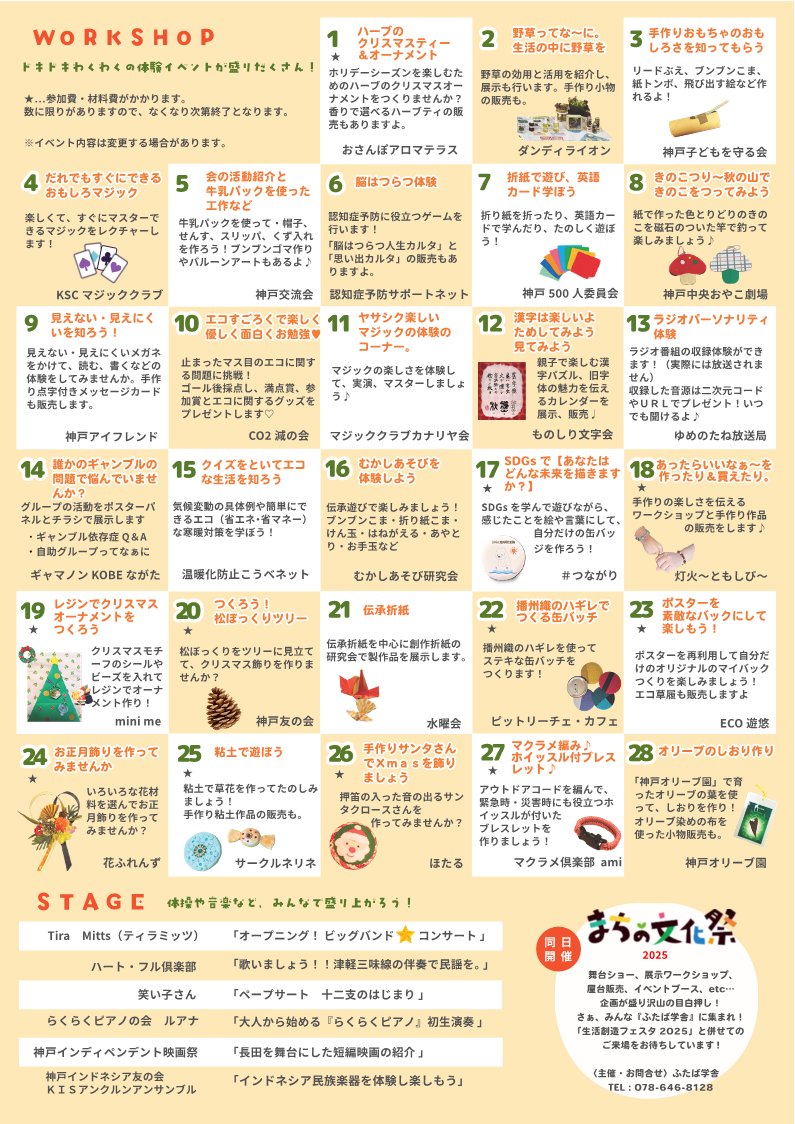 sozoc_library's tweet image. #生活創造フェスタ 2025 開催🎉
今年のテーマは、みんながまざって楽しむ｢まざる de バザ～る｣🐵
登録グループの皆さんによるステージイベントや体験ブースが盛りだくさん💕
(ゲーム、ワークショップ、作品販売など)
【日時】11月23日(日)10:00～15:00
【会場】#神戸生活創造センター
#神戸 #新長田