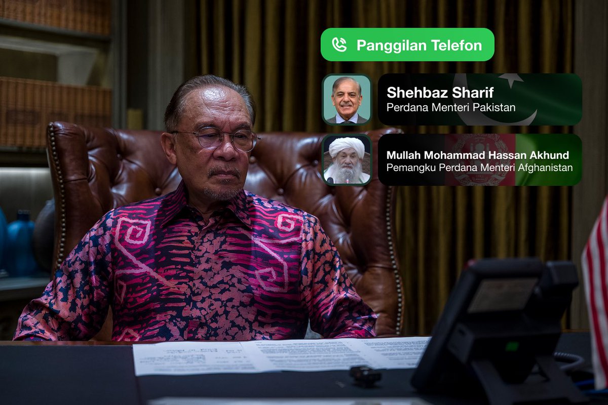 anwaribrahim's tweet image. Lewat malam tadi, saya telah menghubungi Perdana Menteri Pakistan, Shehbaz Sharif, dan Pemangku Perdana Menteri Afghanistan, Mullah Mohammad Hassan Akhund, bagi menyuarakan kebimbangan Malaysia terhadap peningkatan ketegangan di sepanjang sempadan kedua-dua negara.

Saya…