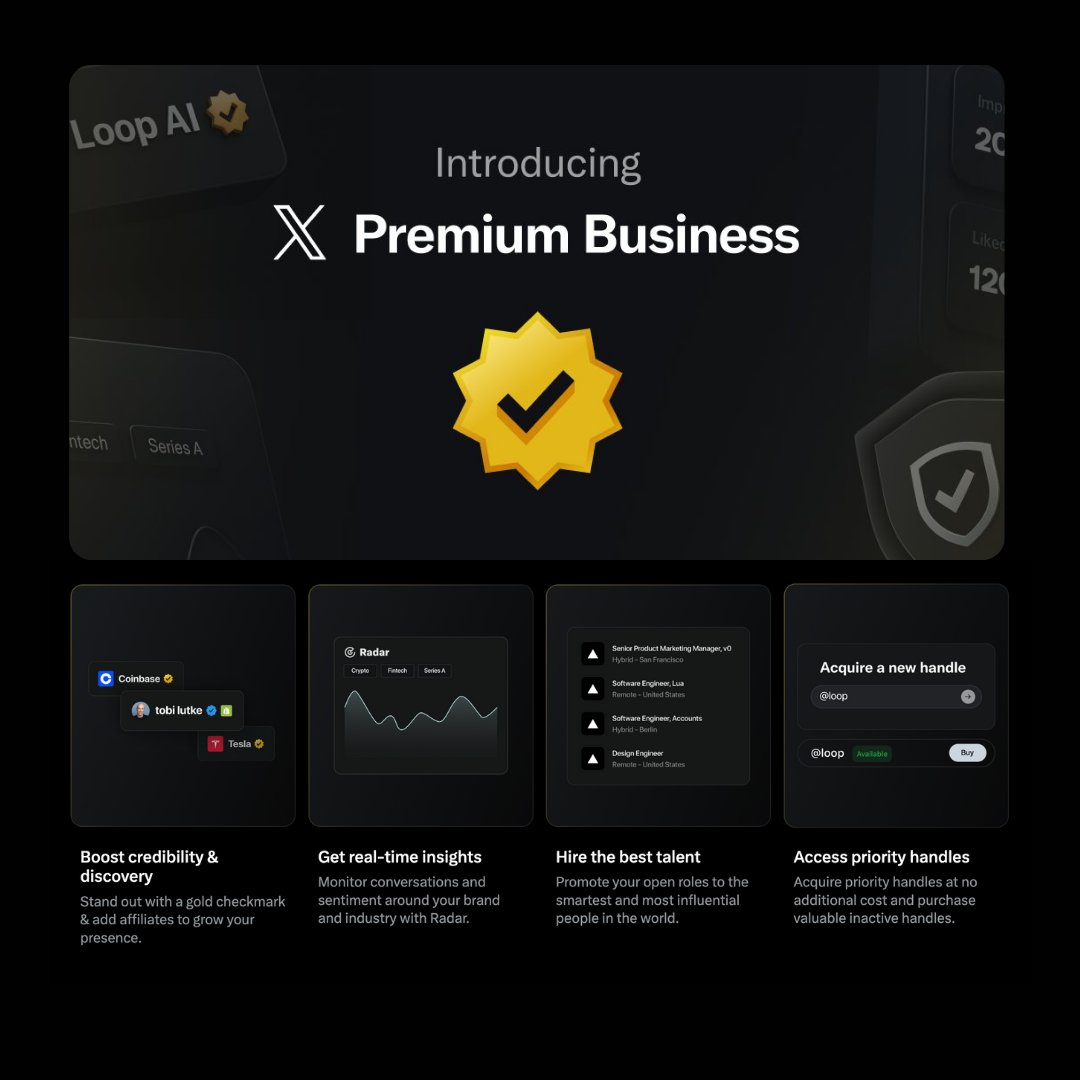 🚨 X introduced X Premium Business a few days ago (formerly Verified  Organizations). This new tier unlocks high-value tools for serious brands:  • Boost credibility with a gold badge • Access real-time