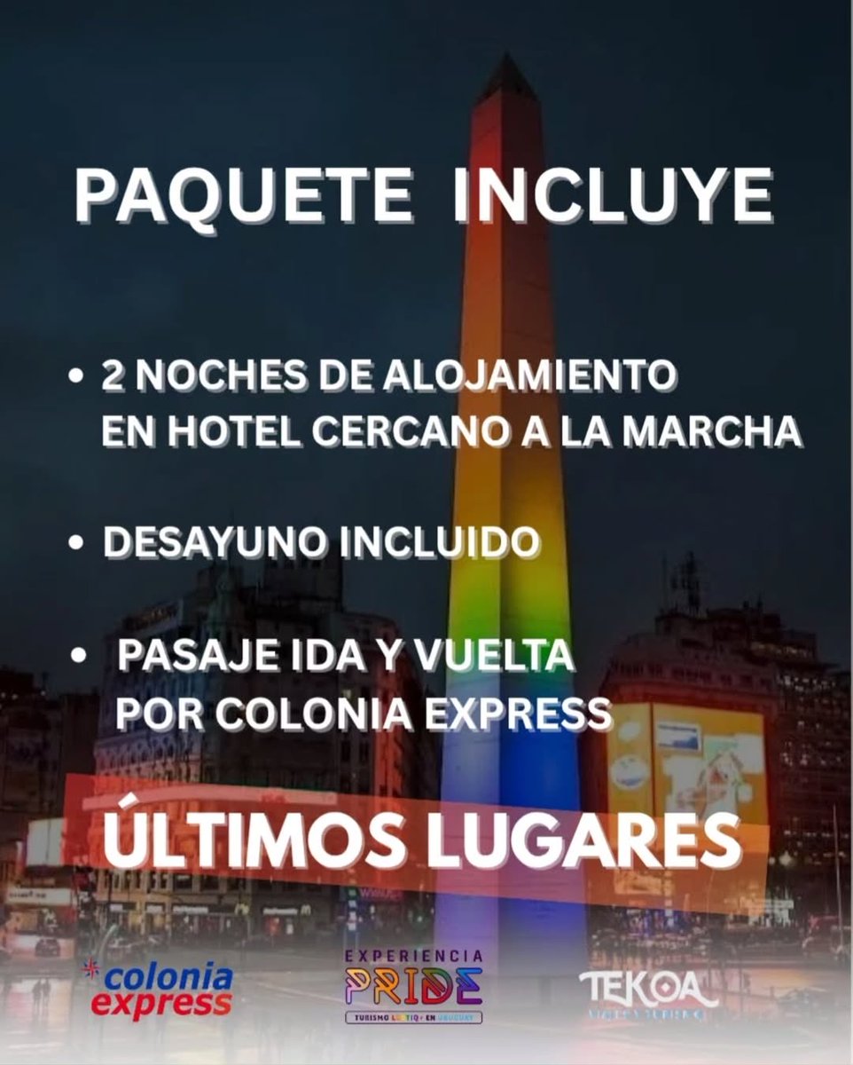 🏳️‍🌈 Viajá con Experiencia Pride a la Marcha del Orgullo en Buenos Aires

Salida desde MONTEVIDEO 🇺🇾

🗓️ Salida 31 de octubre – Regreso 2 de noviembre

💥 Precios congelados desde USD 141 por persona (base doble) 

SUJETO A DISPONIBILIDAD 

Incluye 

• 2 noches de alojamiento en