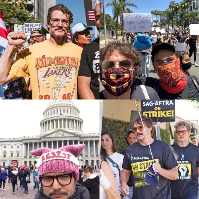 Collage of four photos from protests. Top left shows Pedro Pascal in yellow Los Angeles Lakers World Champions 2020 t-shirt raising fist with crowd holding Black Lives Matter signs under sunny sky with palm trees and American flags. Top right displays Pedro Pascal in black shirt with sunglasses raising fist amid diverse masked protesters some wearing blue and orange bandanas holding signs. Bottom left features US Capitol building with steps and columns surrounded by protesters including one in pink knit hat holding sign another in glasses and yellow shirt. Bottom right depicts Pedro Pascal in glasses and green shirt at rally with group holding SAG-AFTRA on Strike signs diverse crowd in various attire including masks and hats.