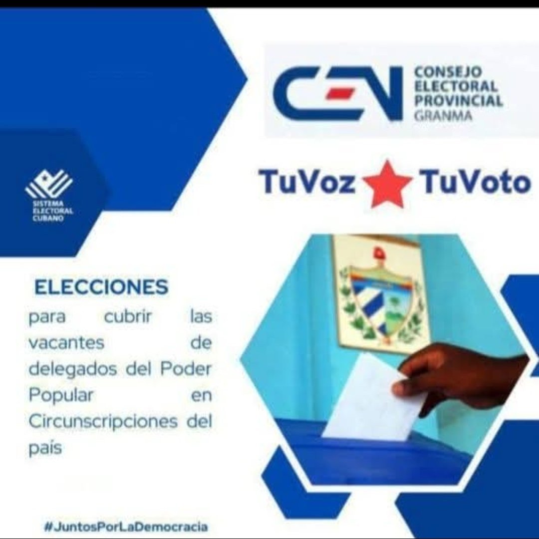 LuisGui06196604's tweet image. CEPGranma #CENCuba/ Mañana en cuatro municipios granmenses, elecciones para cubrir plazas vacantes de delegados del #PoderPopular
#JuntosPorLaDemocracia
#ProvinciaGranma
#CEMManzanillo
#CEMCpechuela
#CEMBueyArriba
#CEMBayamo