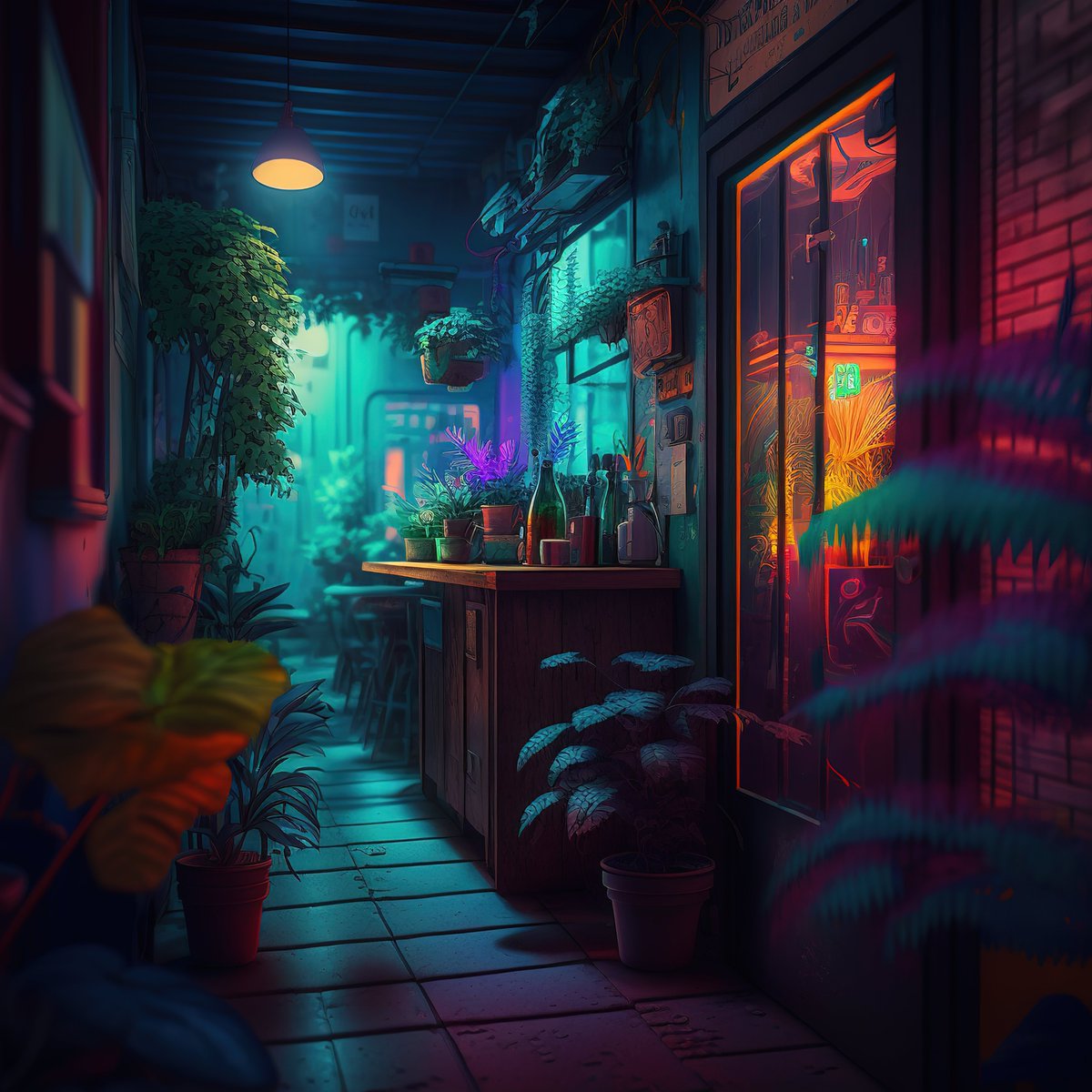 NoBanksNearby's tweet image. 11:39 PM. This hidden alley&apos;s deep blues and electric teals feel like the city&apos;s quiet exhale. That solitary hanging light and distant neon glow invite you to simply *be* in the day&apos;s beautiful, final moments. Pause. Breathe it in.

#GenerativeArt #CreativeCode #ChronographicArt…