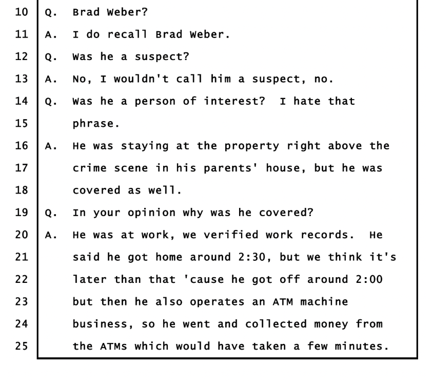 divinejlet's tweet photo. @StarowNiklas @AmetReloads @Beth02428329 @IndianaDOC @alleyesondelphi Defense didn't even need that FBI person to testify re: Weber's timeline. Holeman says Weber serviced his ATM machines after work in his depo https://t.co/IFDeqcMGSm