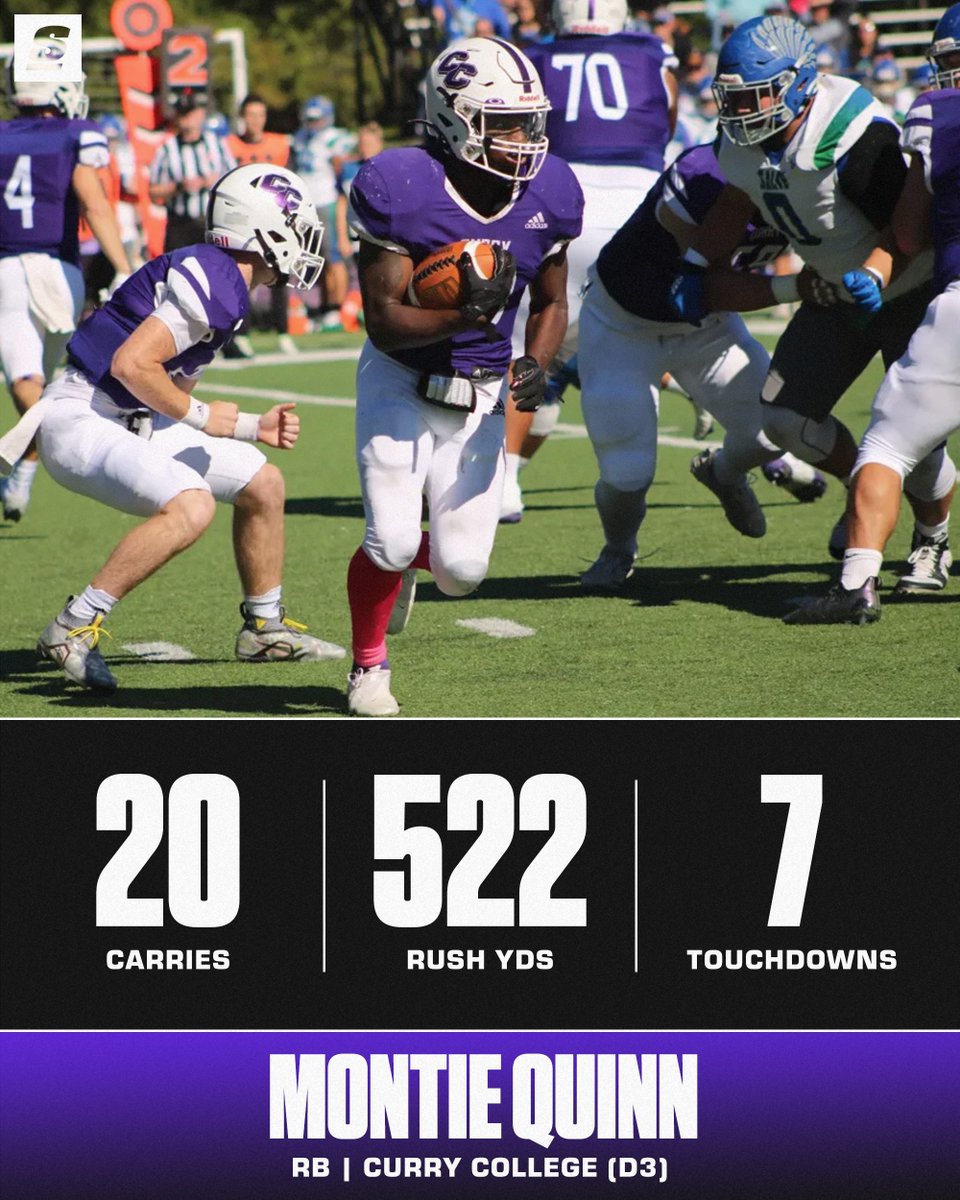 ONE OF THE GREATEST GAMES YOU'LL EVER SEE!

Montie Quinn of D3 Curry College set the NCAA record across ALL divisions for rushing yards in a game. 🤯🚨

(h/t <a href="/CurrierTimes/">Currier Times</a>)