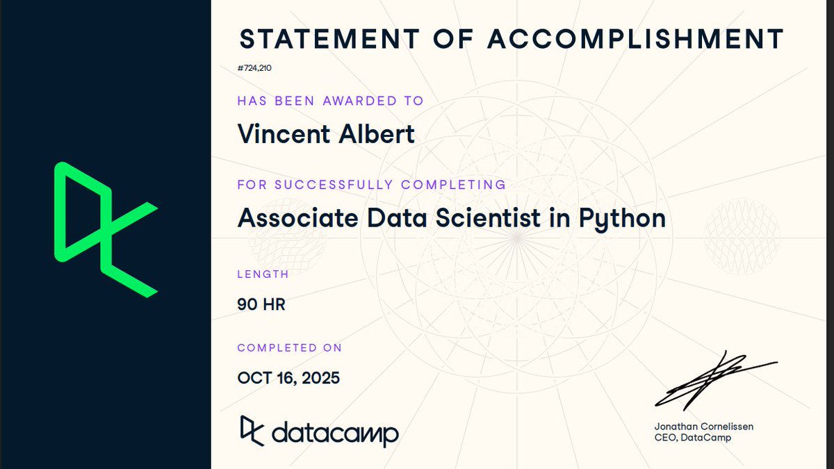 Vinnydinvestor's tweet image. Big milestone! 
I just completed the Associate Data Scientist in Python career track on @DataCamp 
From data wrangling & visualization to machine learning, it’s been an insightful, hands-on journey. Ready to apply it to real-world projects!
#DataScience #Python #MachineLearning