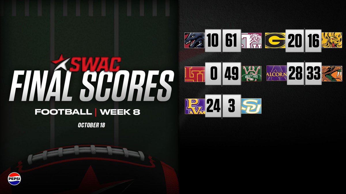 SWAC Football Final Scores: Oct. 18

<a href="/pepsi/">Pepsi</a>

#SWACFB | #BuildingChampionsForLifr