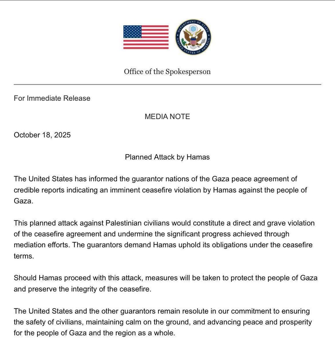 Amerika mengeluarkan Surat Peringatan akan adanya serangan Hamas