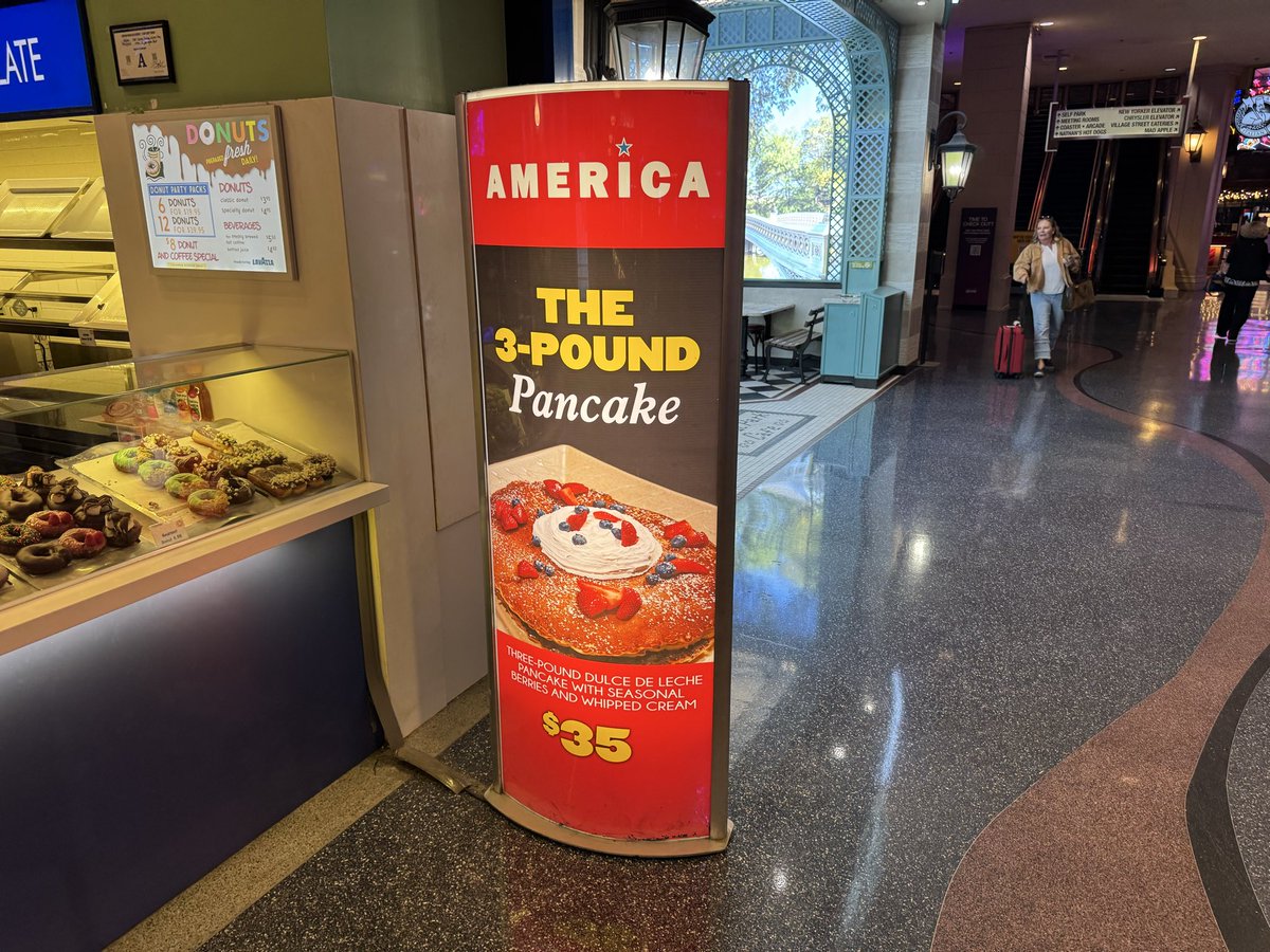 There is a 3 pound pancake special at the America restaurant inside New York New York for $35 dollars.

Can’t see too many people entertaining this deal.

Maybe $19.99 All You Can Eat Pancakes would attract more diners.