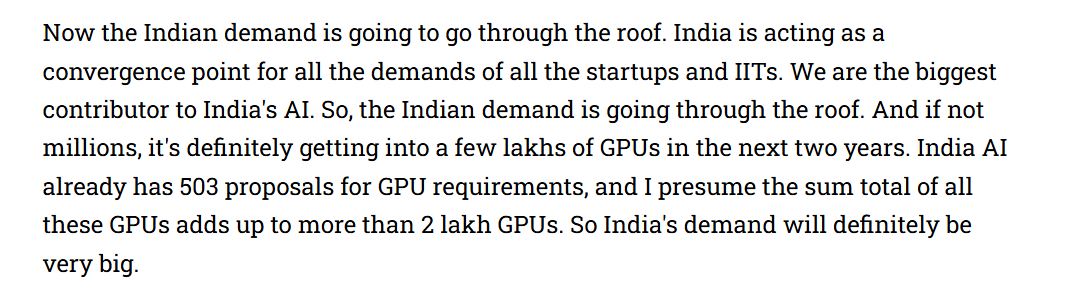 Sectorsignals's tweet image. AI - India AI Mission - 20x Demand - India Demand 2 Lakh GPU's, amount to Rs 1 Lakh crs in next 2 years
Initial Rollout - 10000 GPU's
Fresh Requests - 2 Lakh GPU's
Thats 20x demand
Source - Sunil Gupta, Yotta Interview
Netweb to be watched