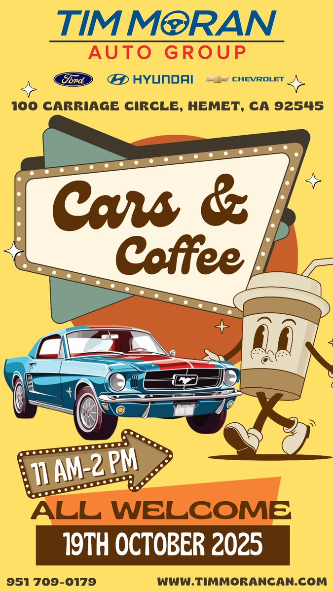Cars &amp; Coffee is HERE tomorrow! ☕️🚗
Sunday, October 19 • 11AM–2PM
Hemet Auto Mall — around the back between Tim Moran Chevrolet and Tim Moran Hyundai (follow the signs).

Bring your ride and your crew—no registration needed. Just show up, park, and have fun!

🏆 Awards: Best of