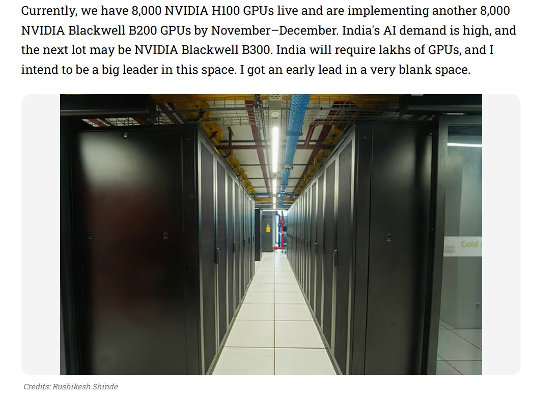 Sectorsignals's tweet image. AI - India AI Mission - 20x Demand - India Demand 2 Lakh GPU's, amount to Rs 1 Lakh crs in next 2 years
Initial Rollout - 10000 GPU's
Fresh Requests - 2 Lakh GPU's
Thats 20x demand
Source - Sunil Gupta, Yotta Interview
Netweb to be watched