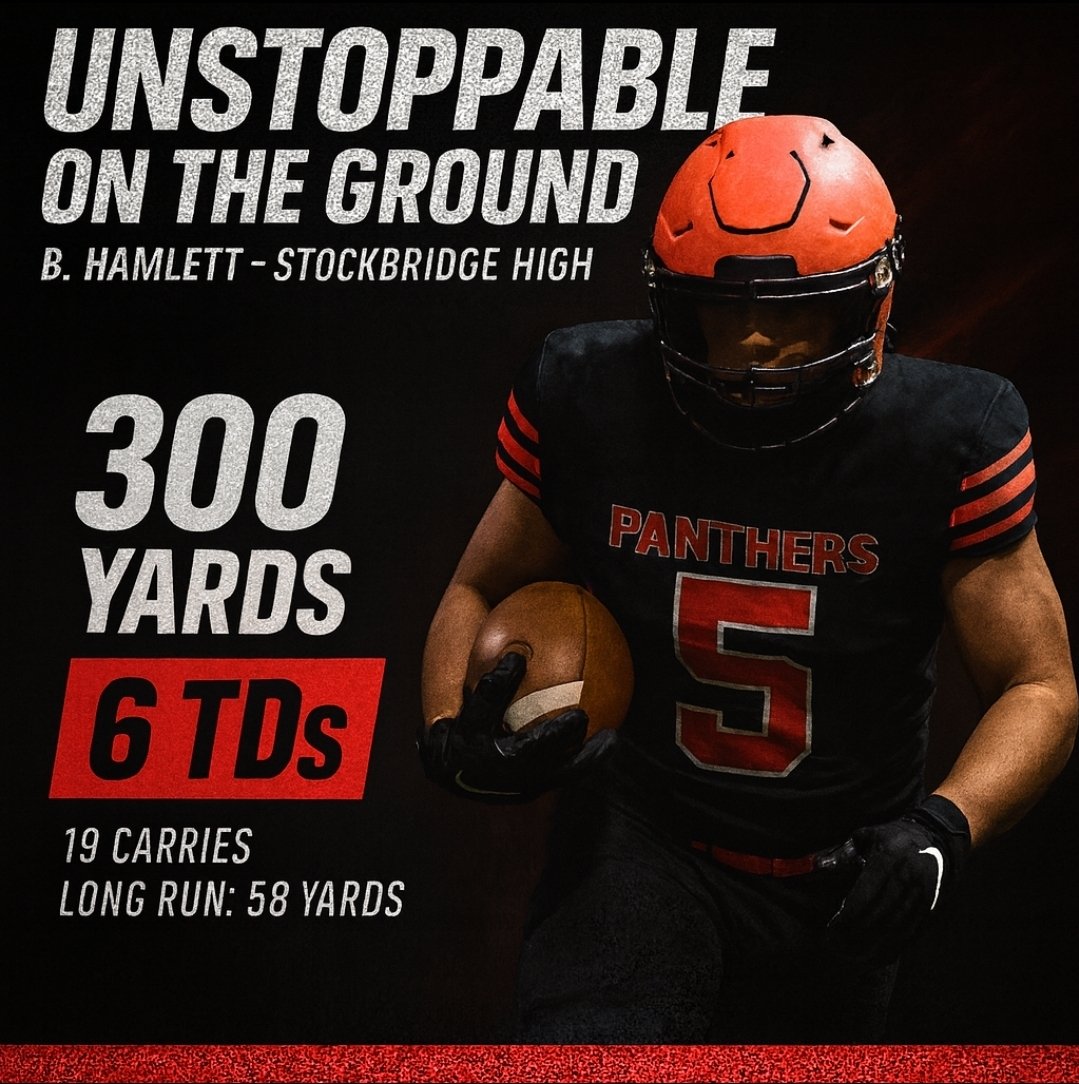 NSBNsports's tweet photo. Brandon Hamlett was in a league of his own 📈🏈 

19 carries, 300 yards, and 6 touchdowns. The Panthers dominated on the ground from start to finish. 

#Panthers #Stockbridge https://t.co/spGB1xDlsH