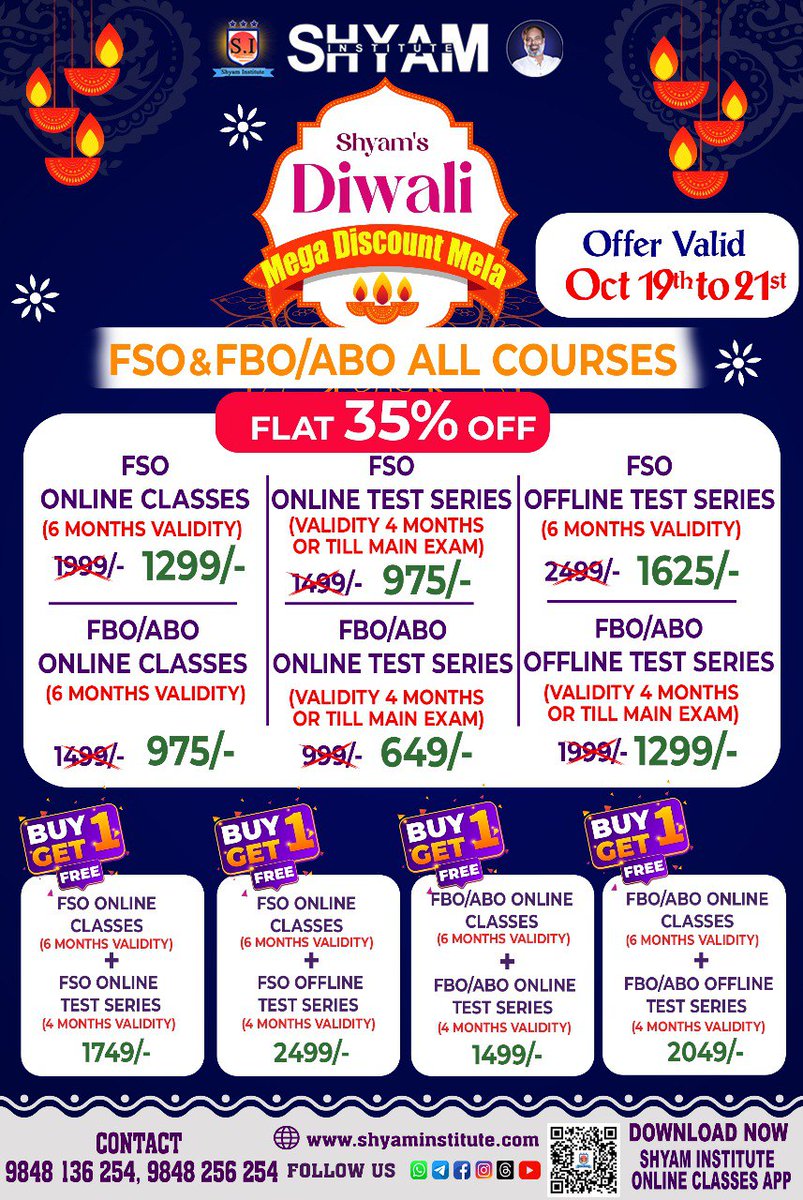 shyam_inst2001's tweet image. Shyam Institute Diwali Mega Discount Mela! ✨

🔥 Flat 35% OFF on FSO &amp;amp; FBO/ABO All Courses
📅 Offer Valid: Oct 19th to 21st

#diwalioffer #fso #fbo #forest #forestdepartment #appsc #abo #testseries #apjobs #telanganajobs #jobs #jobseeker #education #governmentjobs