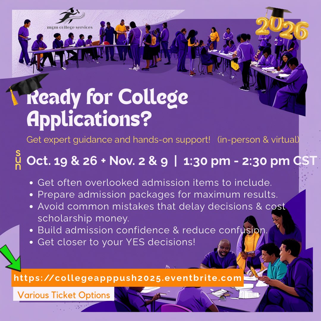 Parents, wasn’t your child’s freshman orientation last year?

Did senior year come quickly?

Ready or not, it’s time for seniors to apply for college admission, scholarships &amp; programs.

✅ Get clear steps, proven systems &amp; hands-on support.

Register at collegeapppush2025.eventbrite.com.