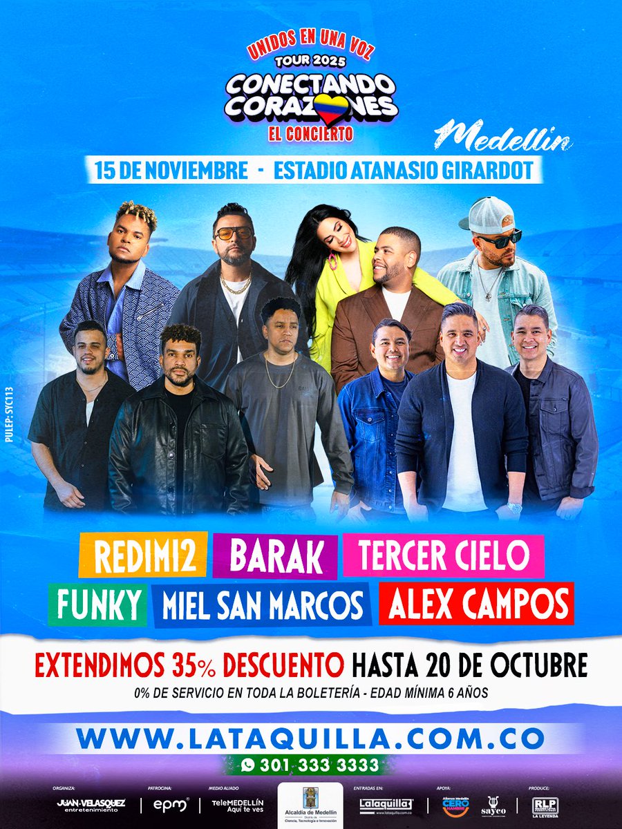 📅 15 de noviembre
📍 Estadio Atanasio Girardot

El festival evangelístico más grande de Colombia:
Conectando Corazones 💜

Con: Barak • Alex Campos • Redimi2 • Funky • Miel San Marcos • Tercer Cielo 🎶

👨‍👩‍👧‍👦 Ingreso desde 6 años – ¡Toda la familia está invitada!
🎟️
