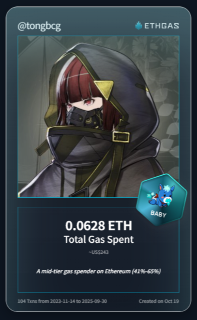tongbcg's tweet photo. BABY "GAS"
---
Leveled up in the Great Gas Reckoning with ETHGas! 💪

Baby Jack status: 0.0628 ETH gas spent, 16 Beans earned—supporting the Gasless Future!

Claim your Gas ID at https://t.co/ouDaC8CbM3 https://t.co/PYC0h7rNKT