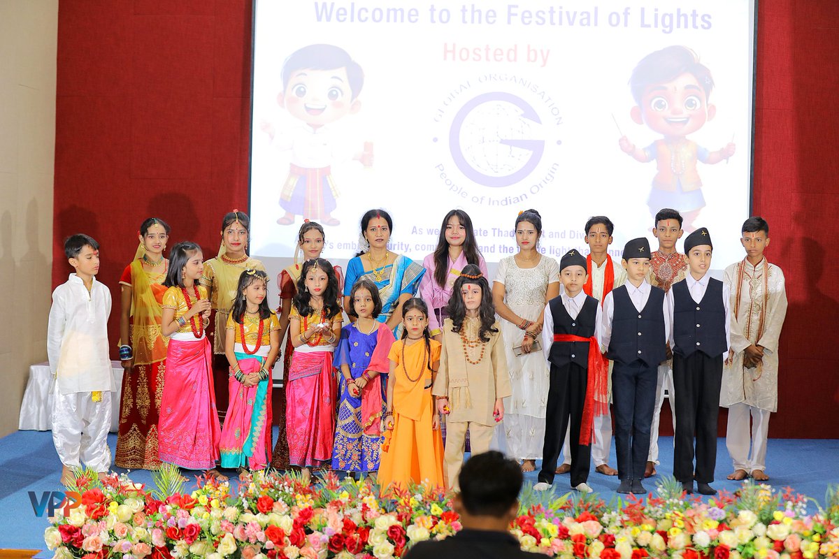 GopioMyanmar's tweet photo. Here's a social media post:

"Gopio Myanmar lit up the night! 🪔✨ We celebrated Deepawali &amp; Thadinuyt at India Centre Yangon with esteemed guests, including Charge d'Affaires Mr Ashish Sharma, Ambassador Mr. CHENG Manith, Mr Harishchandra Ghimire, and Mr Lal Kularathna. Over 140 https://t.co/Vg4sXcLZNV