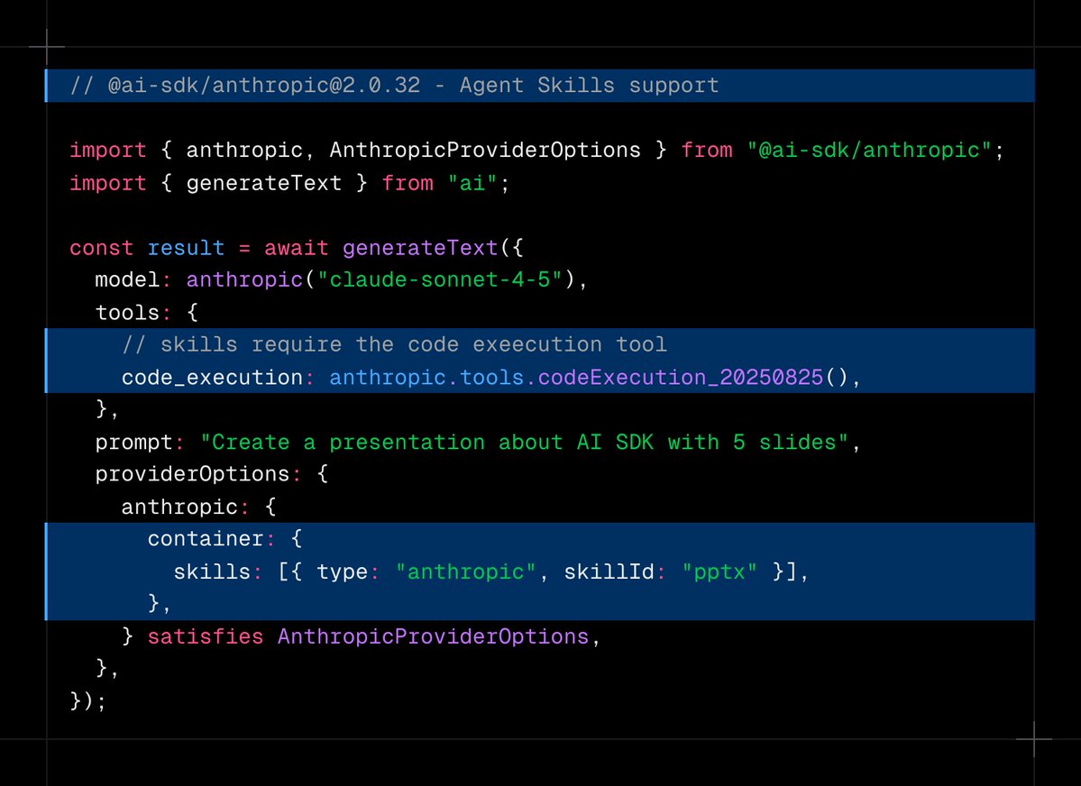 aisdk's tweet image. Use Claude Skills with the AI SDK.