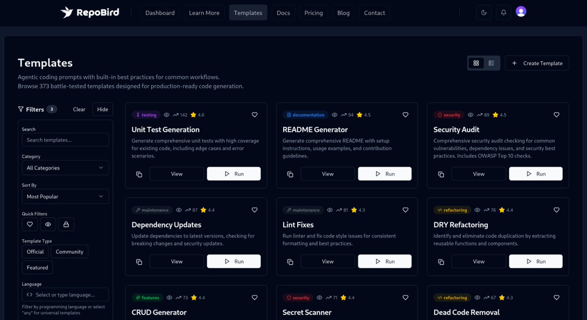 ArielFrischer's tweet image. Built a solid community driven coding prompt marketplace with over 350+ templates. It&apos;s really easy to spin off multiple coding agents now with predefined instructions and best practices for all major programming languages.

repobird.ai/templates

#buildinpublic #saas #Coding