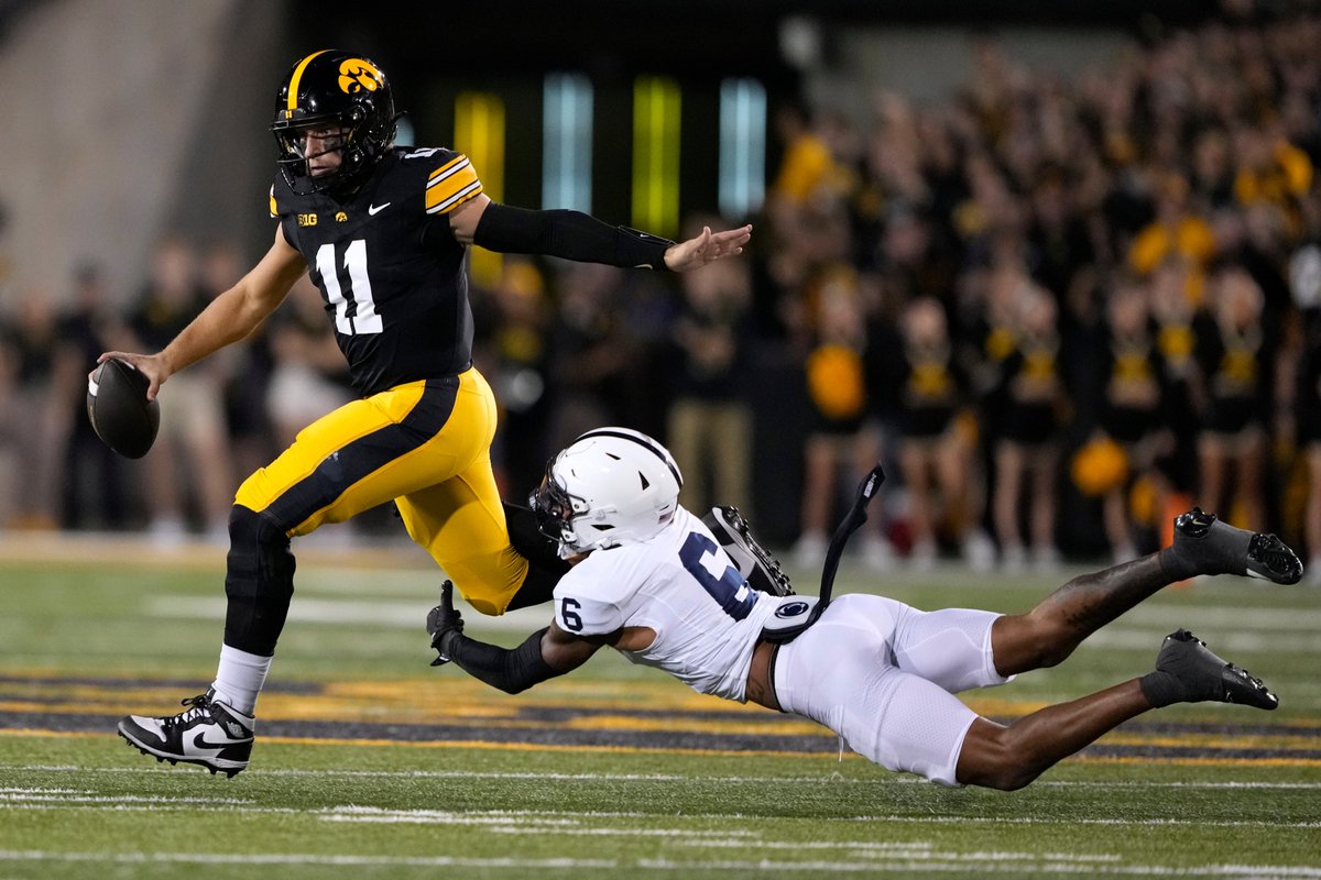 Iowa wins a thriller over Penn State, 25-24. Neither QB threw for 100 yards, but Mark Gronowski rushed for 130 yards and 2 TD. Hawkeye D holds Penn State to 266 total yards. 

Kirk Ferentz now 11-9 against Penn State. 

Iowa improves to 5-2. Penn State 3-4 (started season ranked