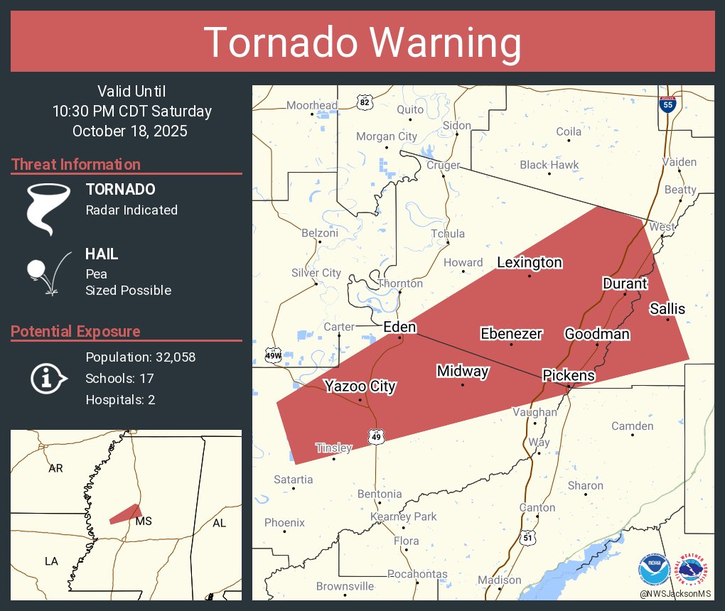 Tornado Warning including Yazoo City MS, Durant MS and Lexington