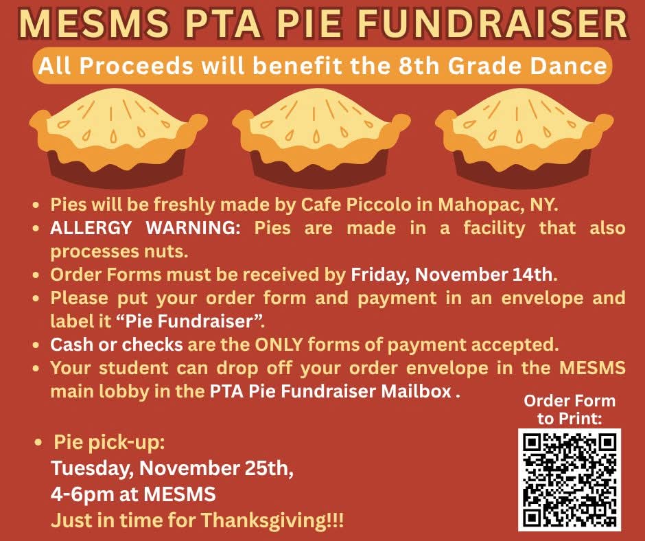 PIE FUNDRAISER! All proceeds will benefit the 8th Grade's Dance!

Order Forms &amp; payment are due by Friday, 11/14!
 docs.google.com/document/d/1zK…

Pick-up will be on Tuesday, 11/25 from 4-6pm at MESMS!

Questions? Email Corin LoGuidice, corinfelber@yahoo.com

Thank you for your support!
