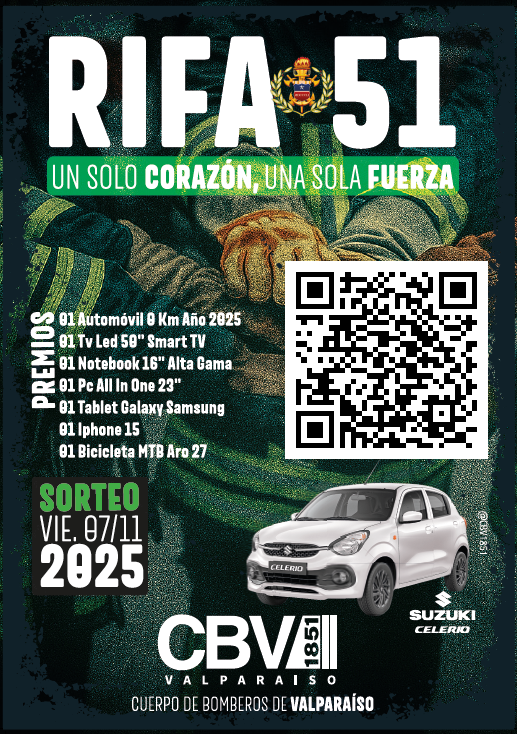 Puedes comprar online tu boleto de nuestra 51° Rifa Anual del <a href="/CBV1851/">Bomberos Valparaíso</a> por un valor de $1000

Un solo corazón ❤️, una sola fuerza💪

Sigue apoyándonos en nuestra labor

rifacbvalparaiso.chiledar.cl/?embid=aa1f182…

#RifaCBV #Rifa2025 #bomberosvalparaiso #valparaiso #valpo #bomberos #cbvalparaiso