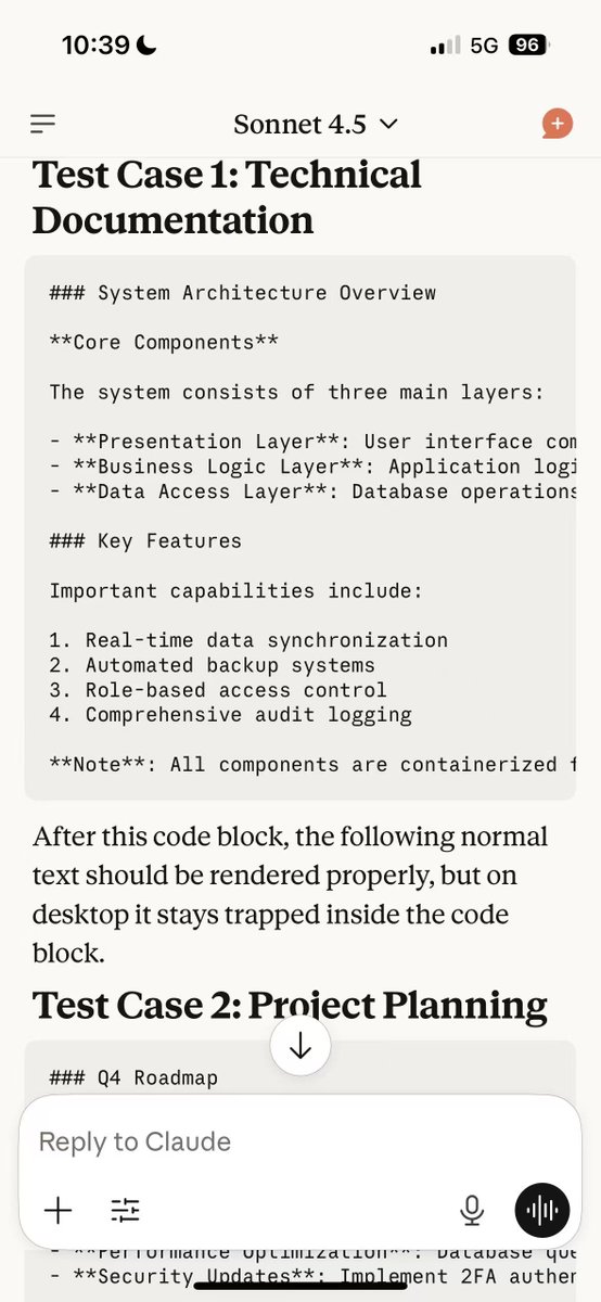 deepleap_ai's tweet image. 🐛 @AnthropicAI  Claude Desktop Bug Report  Desktop browsers fail to properly close markdown code blocks in long conversations. 
 Problem: After a ``` code block, normal text gets trapped inside and displays as raw markdown (### ** - symbols visible instead of rendered…