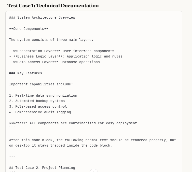 deepleap_ai's tweet image. 🐛 @AnthropicAI  Claude Desktop Bug Report  Desktop browsers fail to properly close markdown code blocks in long conversations. 
 Problem: After a ``` code block, normal text gets trapped inside and displays as raw markdown (### ** - symbols visible instead of rendered…