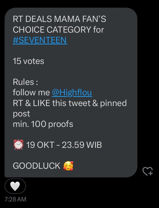 RT DEALS MAMA FAN’S CHOICE CATEGORY for #SEVENTEEN

15 votes

Rules :
follow me <a href="/Highflou/">Dobby Kinci 🐰 WTS MAMA VOTES</a>
RT &amp; LIKE this tweet &amp; pinned post
min. 100 proofs

⏰ 19 OKT - 23.59 WIB
