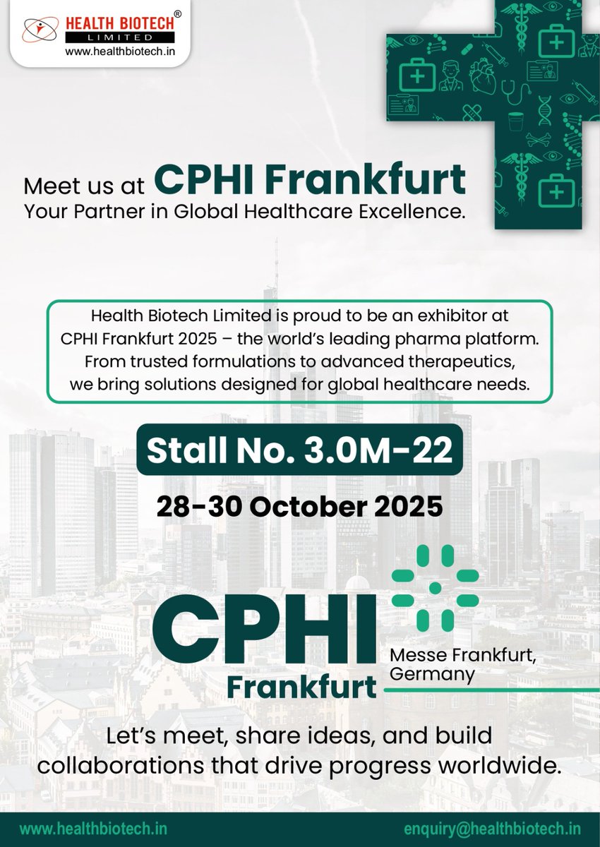 HBLHealth4All's tweet photo. ๐ Health Biotech Limited at #CPHIFrankfurt2025, Advancing Global Healthcare Together! ๐
๐ Hall 3.0, Booth 3.0M22 | ๐
28โ30 Oct 2025 | ๐ Messe Frankfurt
Letโs connect & collaborate to shape the future of healthcare. ๐โจ
๐ https://t.co/LUA3HMyHsO
#healthbiotech #cphi https://t.co/lAaYERTix7