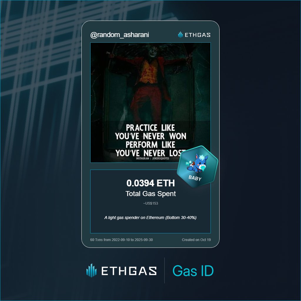 random_asharani's tweet photo. Just unlocked my Gas ID via ETHGas 🪪

I'm a Baby Jack with 0.0394 ETH spent on gas since Beacon Chain - now fueling my climb to the Gasless Future and earned 8 Beans already. 

Reveal yours at https://t.co/NjTUliAvw1 https://t.co/3rISn6Jb1i