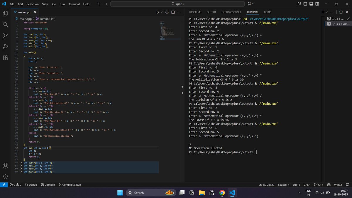 aryansonie's tweet image. 2 Project:
C++ program to create a calculator that takes two numbers and a mathematical operator (+,-,*,/,^) as input from the user.
Defined functions for each basic mathematical operation.
#cplusplus #100DaysOfCode