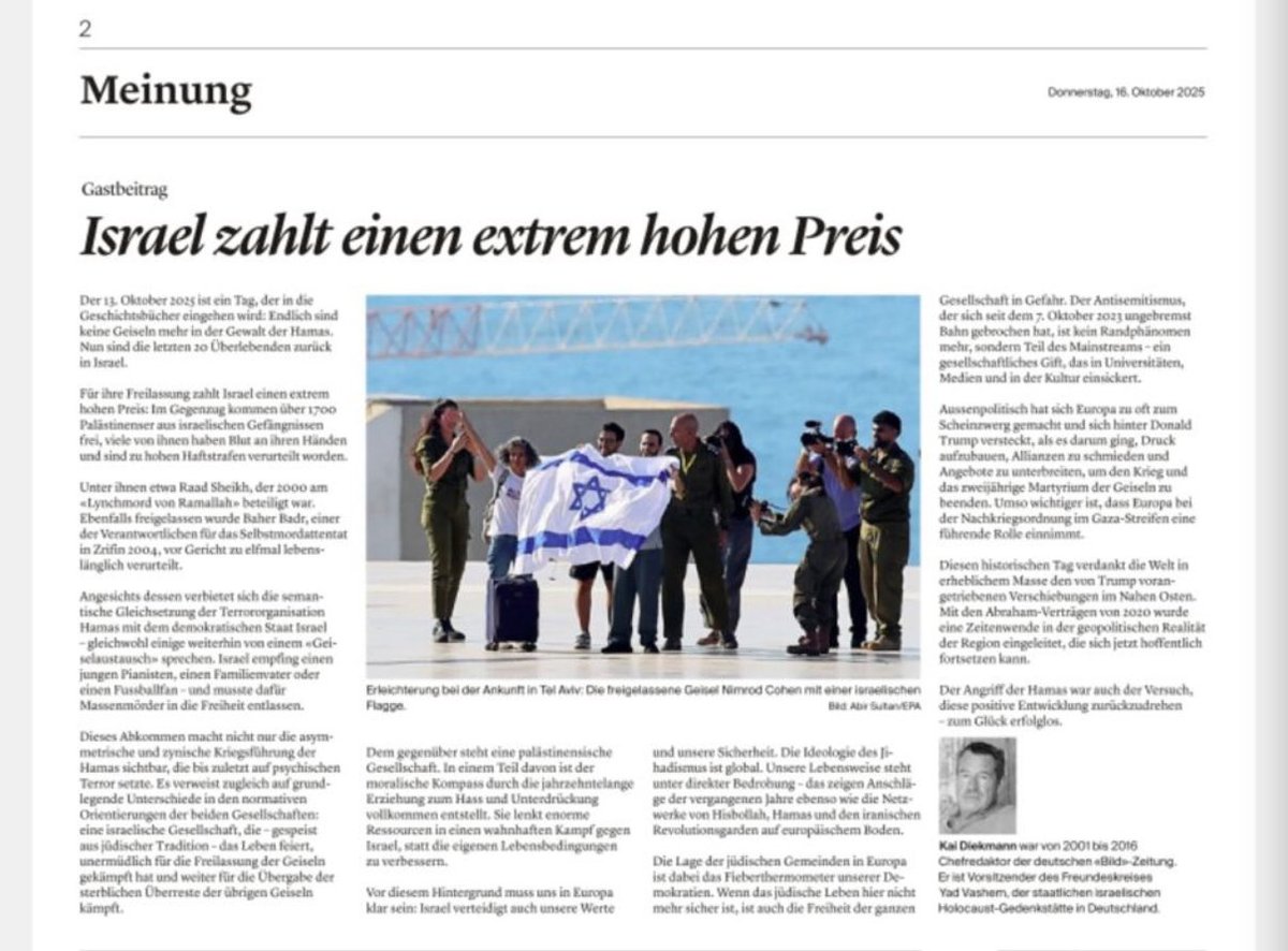KaiDiekmann's tweet photo. „Israel verteidigt auch unsere Werte und unsere Sicherheit. Die Ideologie des Jihadismus ist global. Unsere Lebensweise steht unter direkter Bedrohung – das zeigen Anschläge der vergangenen Jahre ebenso wie die Netzwerke von Hisbollah, Hamas und den Iranischen Revolutionsgarden auf europäischem Boden. Die Lage der jüdischen Gemeinden in Europa ist dabei das Fieberthermometer unserer Demokratien. Wenn das jüdische Leben hier nicht mehr sicher ist, ist auch die Freiheit der ganzen Gesellschaft in Gefahr.“ ➡️ https://t.co/Yq5LWJX9tP