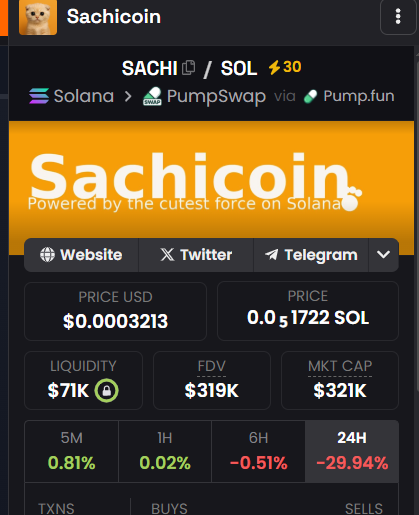 🚀 Let’s Boost $SACHI on Dexscreener! 🧡

We’re aiming to hit 4,000 holders today, and every bit of support counts! 🐾

We’re currently in the process of extracting all the SOL wallets from our Twitter supporters — thank you for your patience and love for the project. 

We’ll