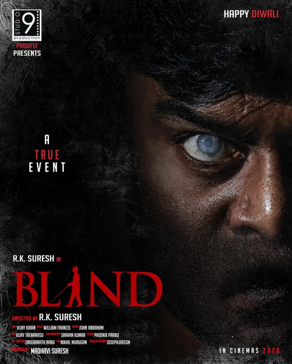 Tamil_CineMedia's tweet image. #CinemaUpdate | R K சுரேஷ் இயக்கி, தயாரித்து நடிக்கும் #BLIND படத்தின் போஸ்டர் வெளியானது. 👨🏾‍🦯🎬

#RkSuresh #Studio9Productions #TamilCinema