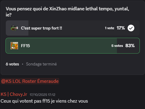 KenseiEsport's tweet photo. Je crois que le roster émeraude Kensei Esport n'est pas super d'accord avec le secret pick de @GG_Natio ...
#LeagueOfLegends #LOL #Worlds2025 #KSWIN #Kensei #SecretPick #FNC #MKOI https://t.co/VdJVskibWf