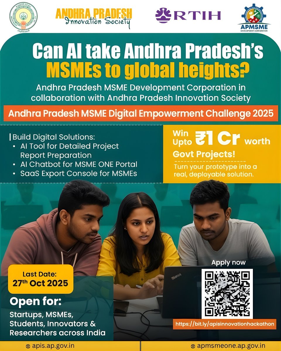 Startup_APIS's tweet image. 🚀 Calling all Innovators!

💡 Got an AI idea for MSMEs? Turn it into reality &amp;amp; win Govt projects worth up to ₹1 Cr! 

Join the AP MSME Digital Empowerment Challenge 2025. 🗓️Apply by 27 Oct 2025🔗lnkd.in/g-yq6a33 

#MSME #AI #Innovation #StartupIndia