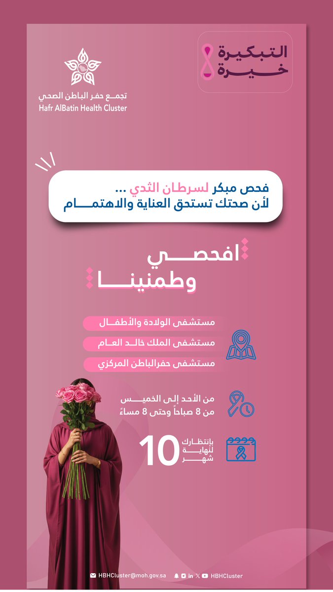 HBHCluster's tweet photo. فحص مبكر... لأن صحتك تستحق العناية والاهتمام  
افحصي وطمنينا من مستشفيات #تجمع_حفرالباطن_الصحي من الأحد إلى الخميس، من 8 صباحًا حتى 8 مساءً.  
لا تنتظري صحتك تستحق الوقاية 🌸  
#التبكيرة_خيرة https://t.co/Pe6QoCEF6V