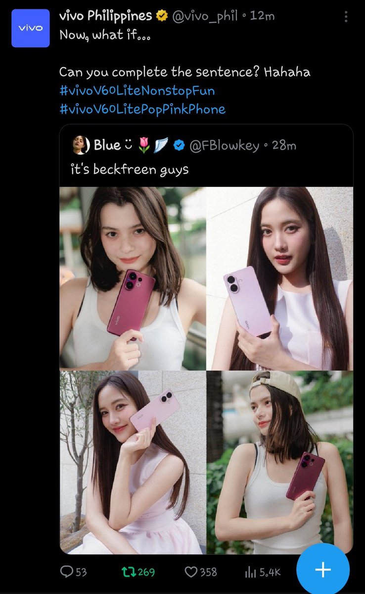 รอบนั้นนางโพสต์ทิ้งไว้
What if Becky and...
แล้วฟรีนก็มา

รอบนี้นางโพสต์ทิ้งอีกว่า
Now, what if...
ทำดีๆนะคะคุณพี่ นี่คาดหวังนะคะ นะคะ

#srchafreen 
#vivoV60LiteNonstopFun #vivoV60LitePopPinkPhone