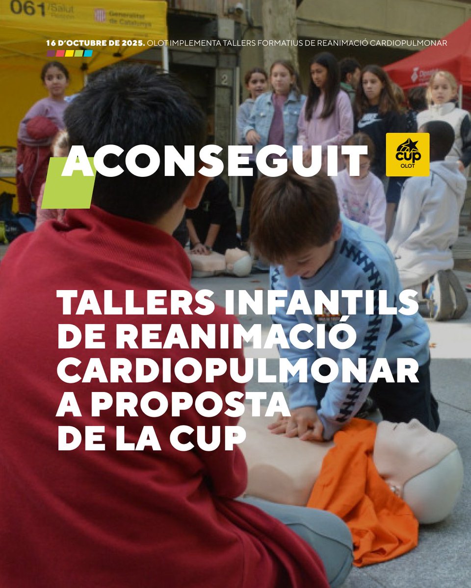 ✅ ACONSEGUIT

❤️ Dijous, més de 300 alumnes de 5è de primària d'#Olot i Les Preses van participar als tallers reanimació cardiopulmonar.

💡 Aquesta iniciativa va ser impulsada per la CUP al #PleOlot. Va rebre el suport de Junts, PSC, ERC i Activem.