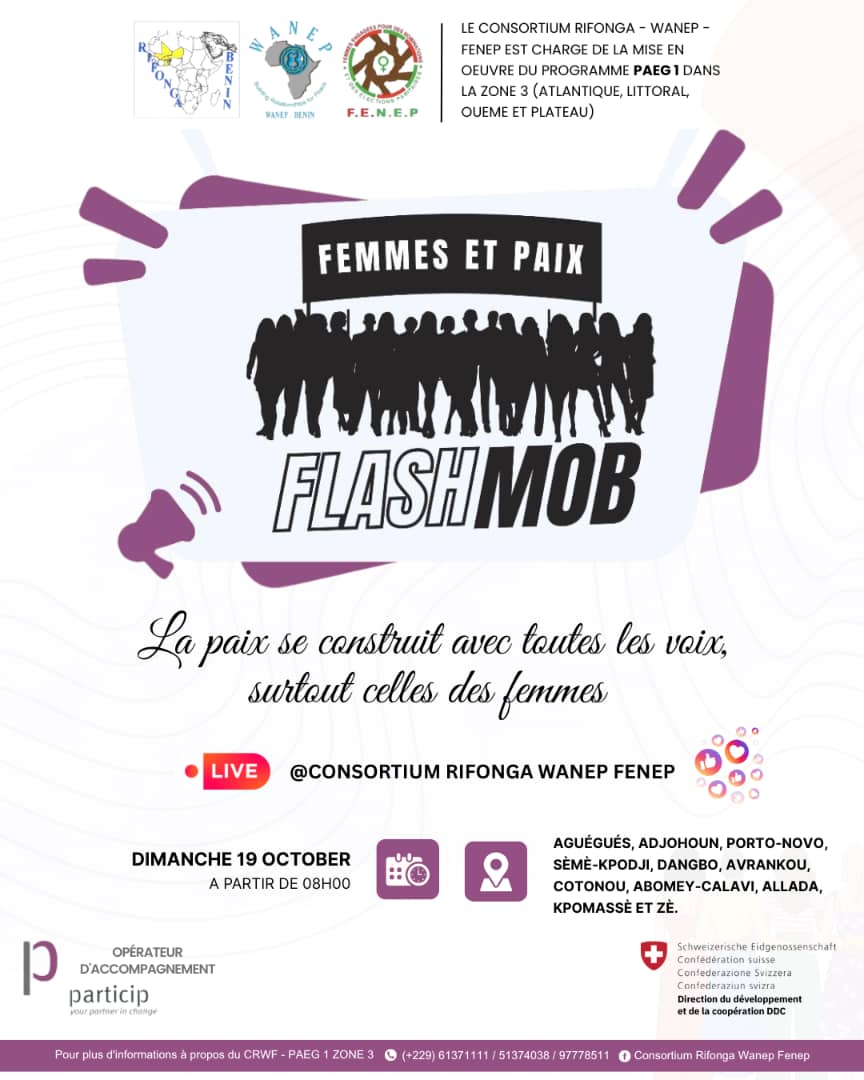 Dans quelques heures se tiendra le Flash Mob pour la paix, organisé par les femmes bénéficiaires du PAEG 1 dans la zone 3, couverte par le consortium <a href="/crwfpaeg/">Consortium Rifonga Wanep Fenep</a> .
Ensemble, mobilisons-nous pour un Bénin uni et apaisé 💪

#FlashMobCitoyen #PaixSansViolence #Benin2026