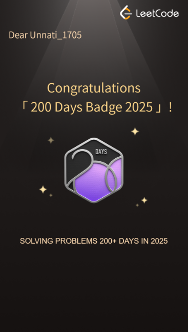 anonymous_mee17's tweet image. 200 Days of Consistency on LeetCode!
From confusion to clarity — every day counted 
Proud of the grind
#LeetCode #Cpp #CodingJourney #DSA #200days