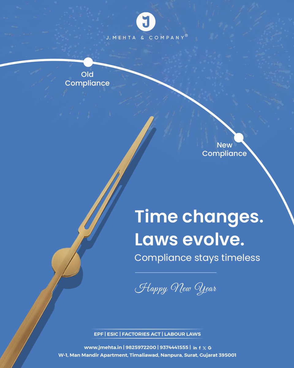 JMehtaCo's tweet photo. Every new year brings new laws, but compliance never goes out of time. ⏰

Here’s to evolving with every change, responsibly.

#HappyNewYear #ComplianceFirst #JMehtaAndCompany #LabourLaws #ESIC #EPF https://t.co/auOuiAIwbm