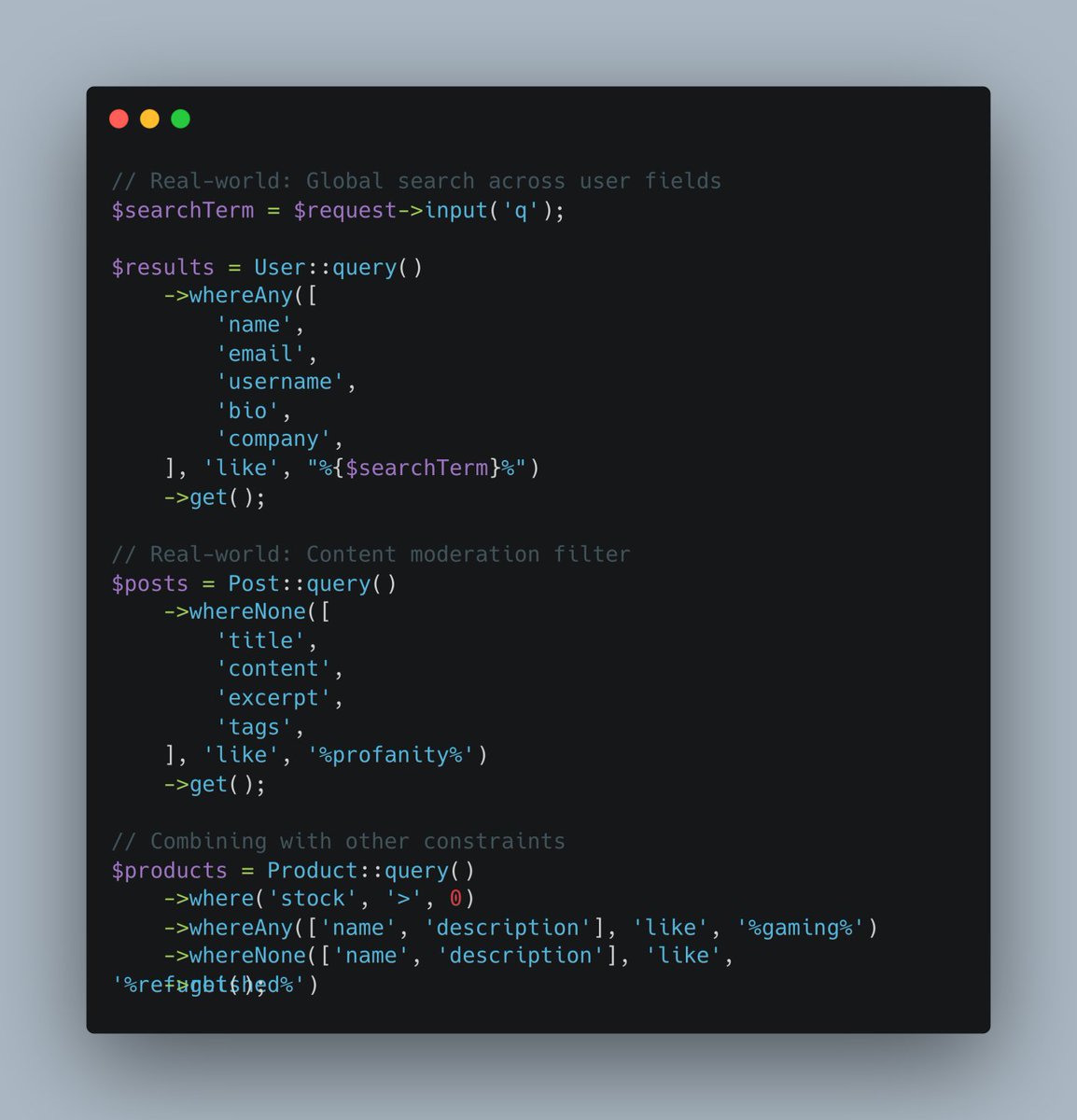 Searching multiple columns with orWhere?

Perfect for:
✅ Apply constraint to many columns
✅ No repetitive chains
✅ Clean content filtering
✅ Matches your intent

One method beats ten 🎯

{{laravelhashtag}}