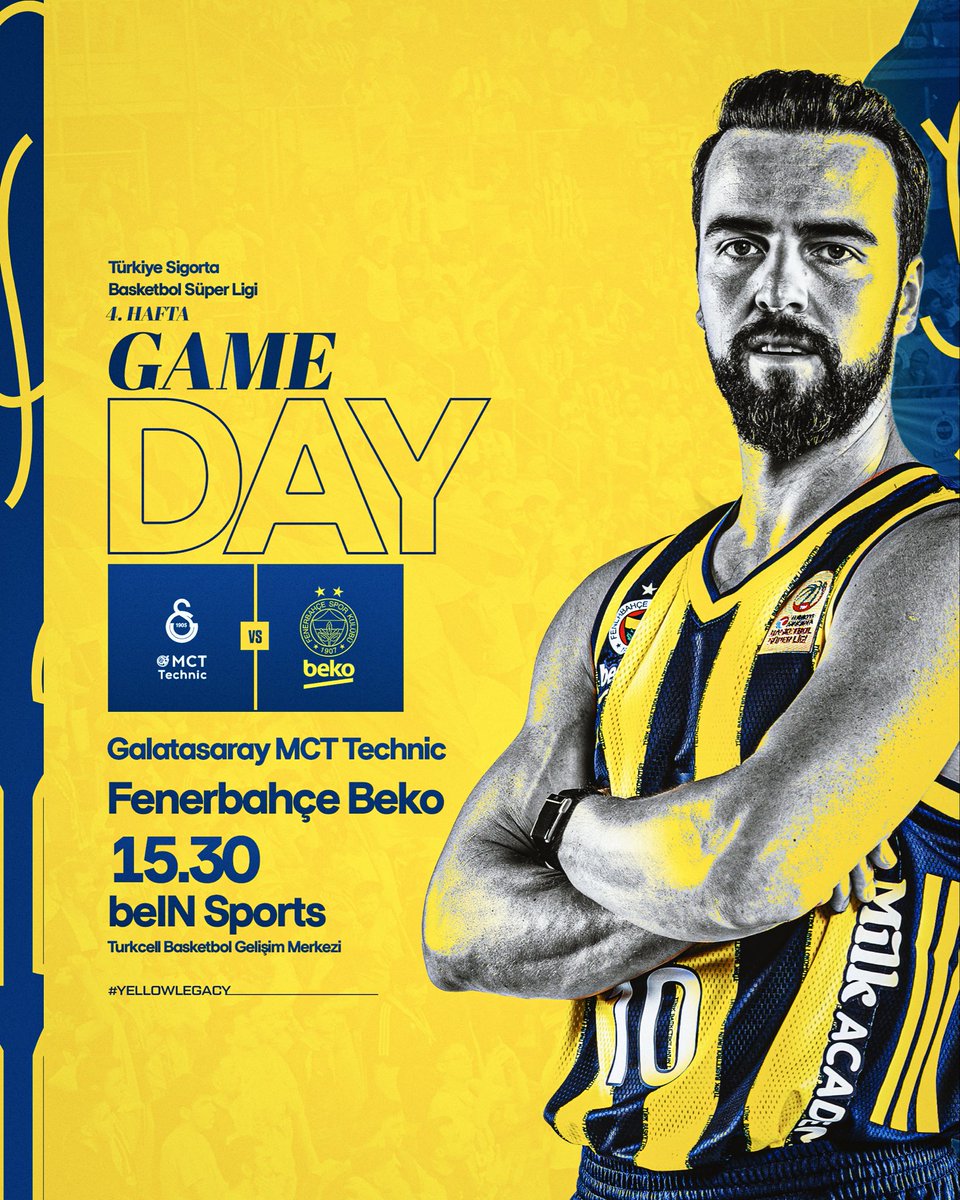 Fenerbahçe Beko (@fbbasketbol) on Twitter photo 🏀 Maç günü
🏆 <a href="/basketsuperligi/">Türkiye Sigorta Basketbol Süper Ligi</a> 4. Hafta
🆚 Galatasaray MCT Technic
🕣 15.30
📍 Turkcell Basketbol Gelişim Merkezi
🔗 Maç raporu: bit.ly/4hgtTbz
📺 beIN Sports 5
📱 #YellowLegacy 🏀 Maç günü
🏆 <a href="/basketsuperligi/">Türkiye Sigorta Basketbol Süper Ligi</a> 4. Hafta
🆚 Galatasaray MCT Technic
🕣 15.30
📍 Turkcell Basketbol Gelişim Merkezi
🔗 Maç raporu: bit.ly/4hgtTbz
📺 beIN Sports 5
📱 #YellowLegacy